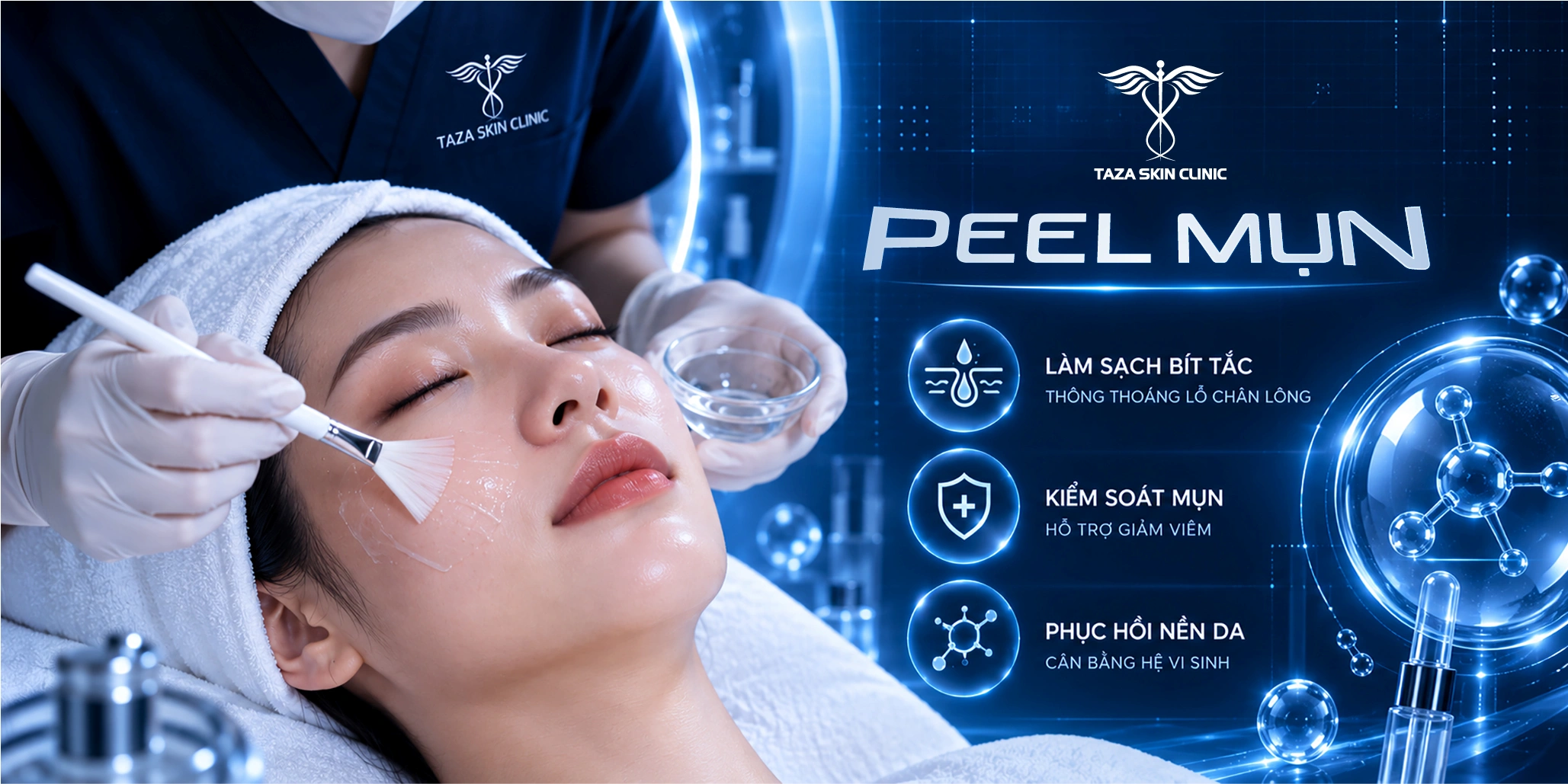 Kỹ thuật viên thực hiện peel mụn cho khách hàng tại Taza Skin Clinic