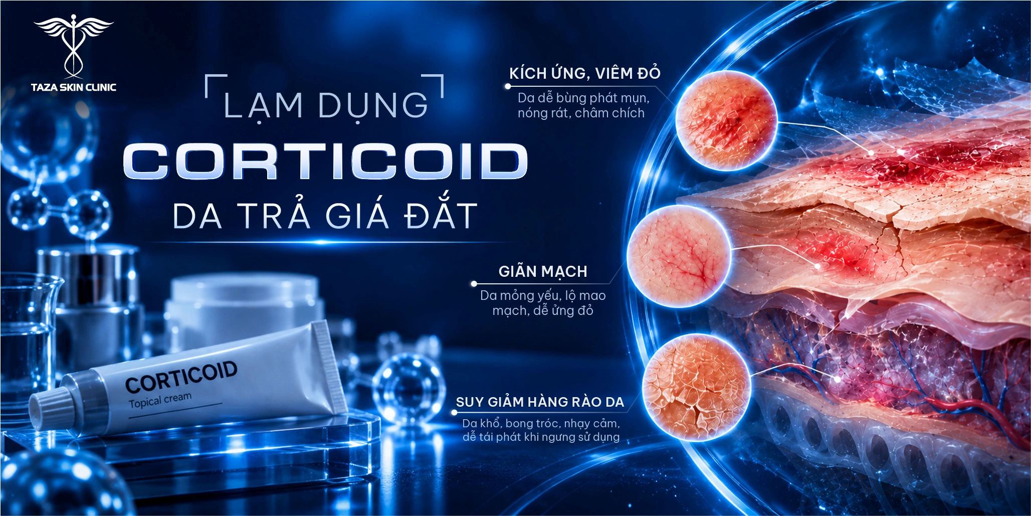 Biểu hiện da do lạm dụng corticoid: kích ứng, giãn mạch, suy giảm hàng rào da