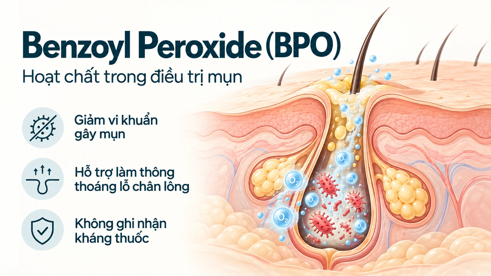 Benzoyl peroxide - Hoạt chất được khuyến nghị phối hợp trong điều trị mụn